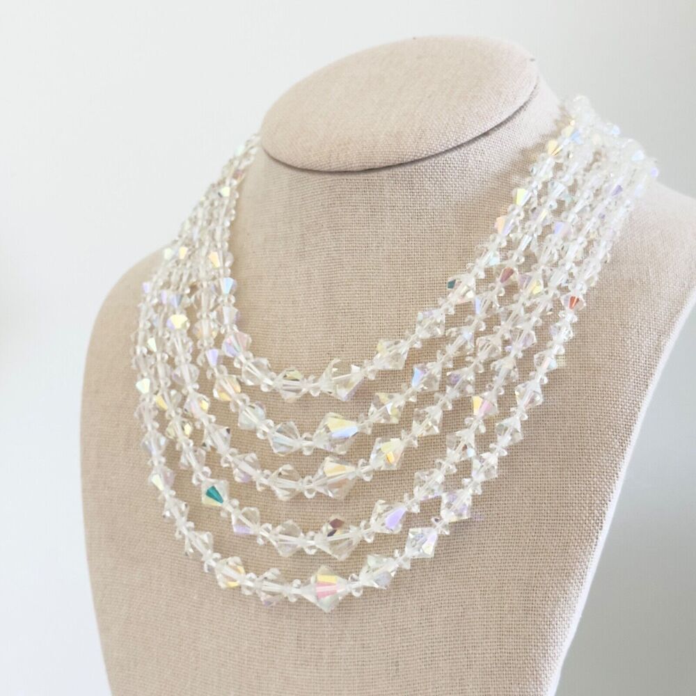 Vintage Clear Aurora Borealis AB Crystal Graduated 5 Row Multi Strand Necklace - Picture 7 of 10